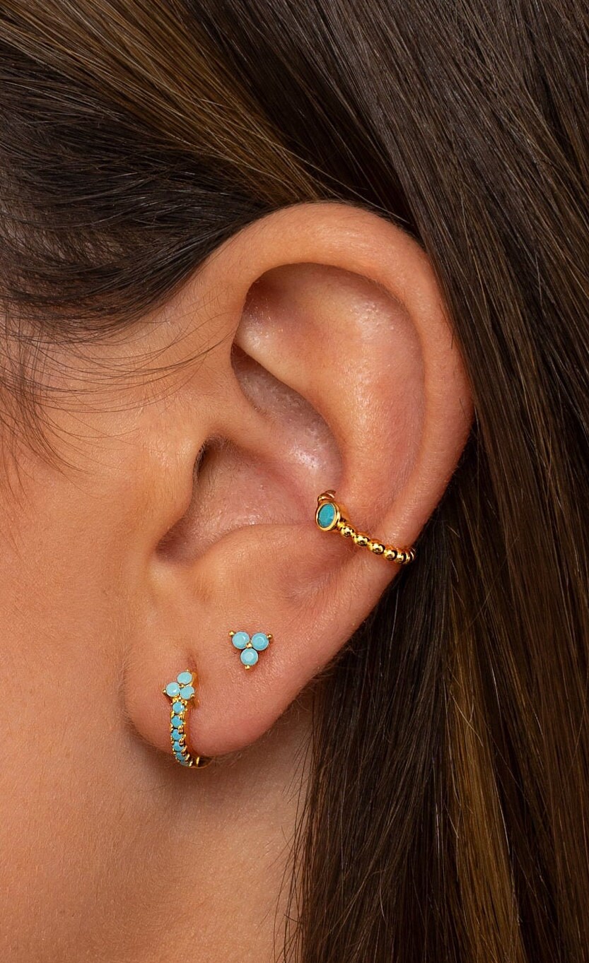 Tiny Turquoise Stud Earrings, Second Hole Earrings, Gold Turquoise Ea…