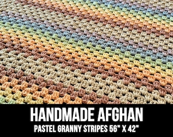 Handmade Crocheted Afghan Throw Blanket - Granny Stripes 56" x 42" - Snuggly Warm Soft Cozy - Free Shipping
