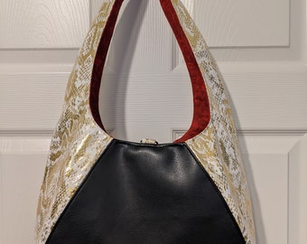 Faux leather and snake skin print hobo bag, black and gold hobo bag