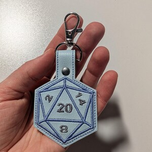 D20 Keychain, Embroidered Dice Clip On Keyfob, Gamer Gift Powder Blue