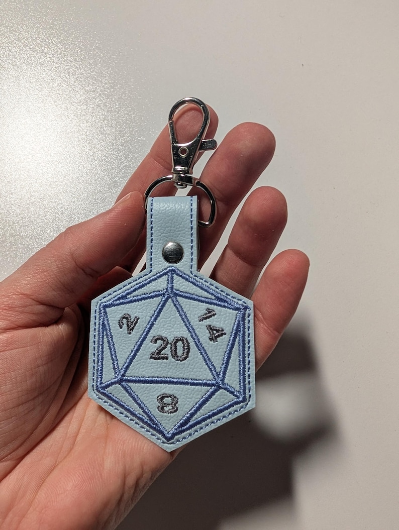 D20 Keychain, Embroidered Dice Clip On Keyfob, Gamer Gift Powder Blue