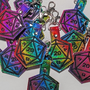 D20 Keychain, Embroidered Dice Clip On Keyfob, Gamer Gift Rainbow Sparkle