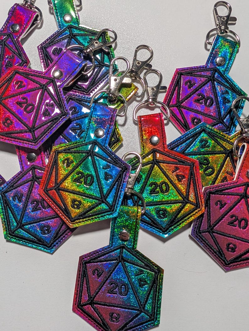 D20 Keychain, Embroidered Dice Clip On Keyfob, Gamer Gift Rainbow Sparkle