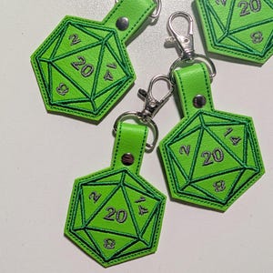 D20 Keychain, Embroidered Dice Clip On Keyfob, Gamer Gift Lime