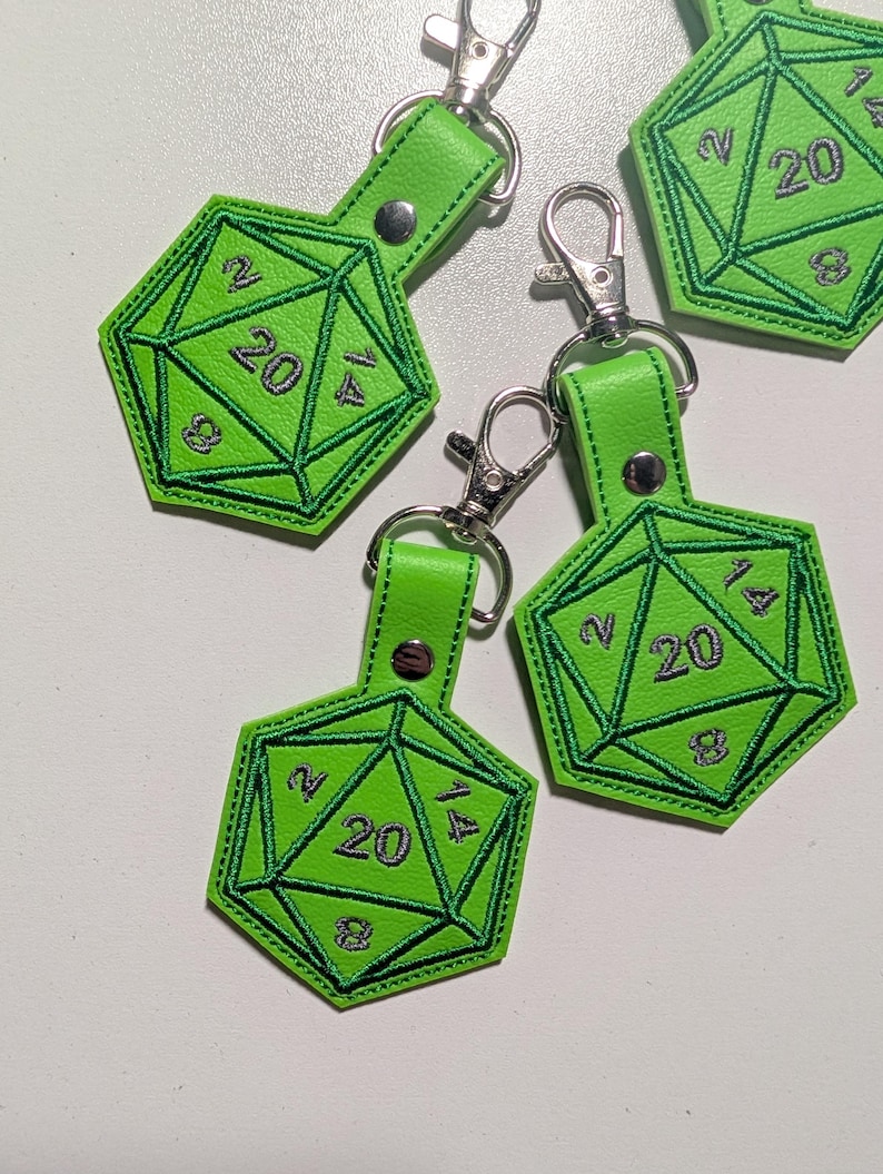 D20 Keychain, Embroidered Dice Clip On Keyfob, Gamer Gift Lime