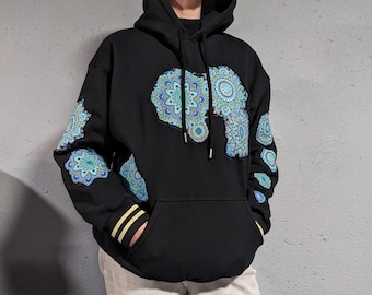 Blue Mandala Cut Out Patchwork Pullover Hoodie