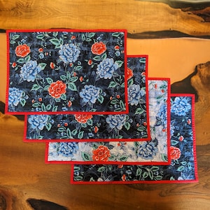 Blue and red floral placemats, set of 4 quilted placemats, spring summer home decor table settings, reversible cotton placemats