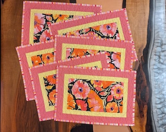 Pink floral quilted placemats, set of 6 placemats, spring flower table settings