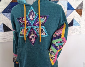 Mermaid patchwork hoodie, quilted teal pullover sweatshirt