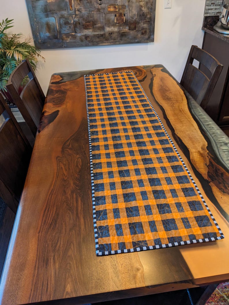 Quilted Halloween Table Runner, Reversible Orange & Black Plaid Decor ...