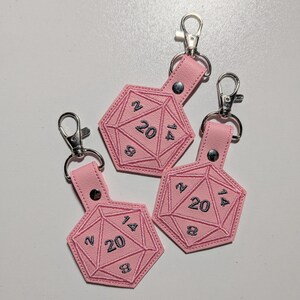 D20 Keychain, Embroidered Dice Clip On Keyfob, Gamer Gift Light Pink