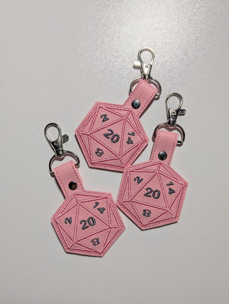 D20 Keychain, Embroidered Dice Clip On Keyfob, Gamer Gift Light Pink