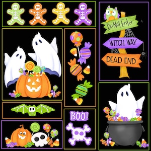Glow Ghosts Patchwork of Motifs Black Fabric by Henry Glass Fabrics - One Yard