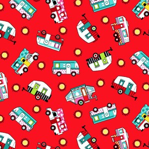 Roamin&#39; Holiday Tossed Campers Red Fabric by Studio E Fabrics - One Yard