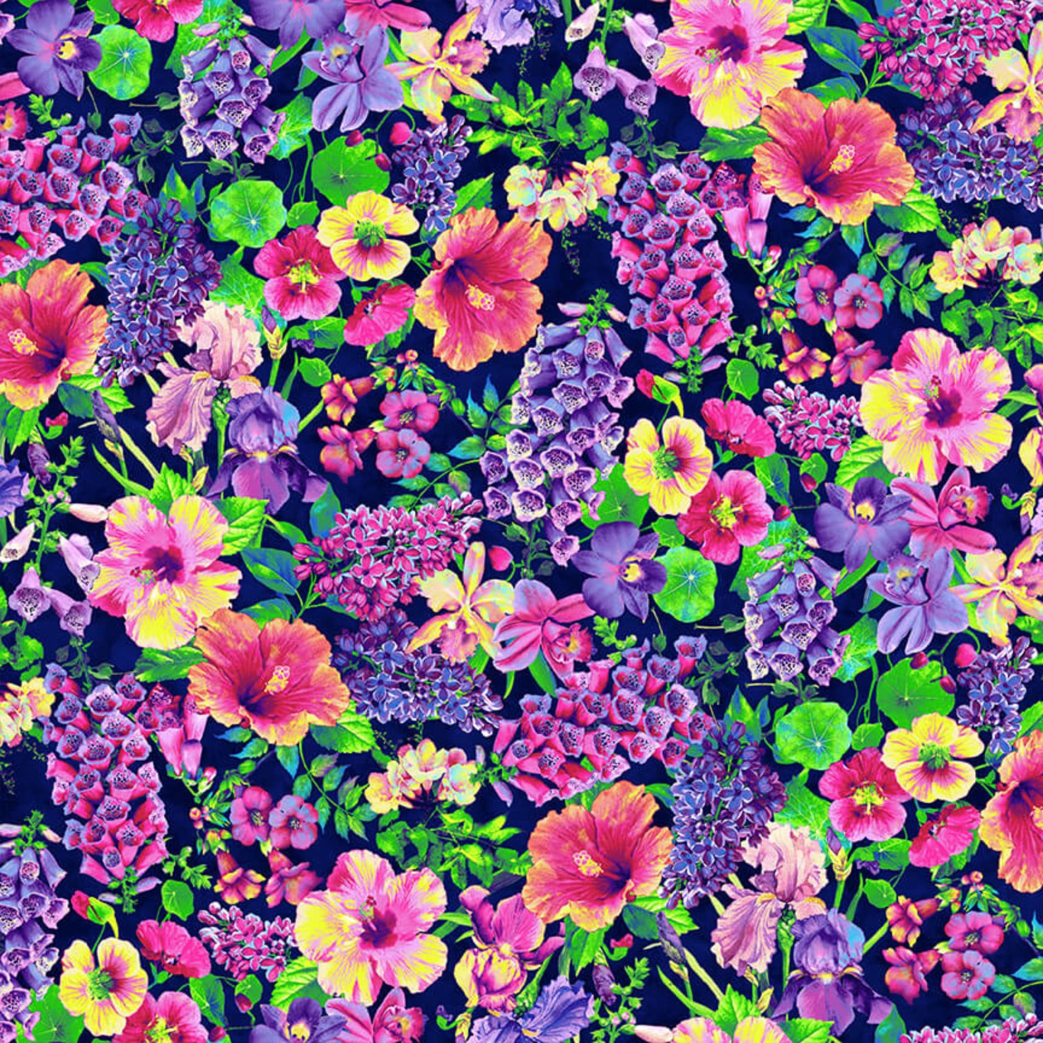 Studio E: Hummingbird Heaven Large Allover Flowers Navy Sewing Quilting Crafting 100% Cotton Fabric Continuous Cut, Select the Length