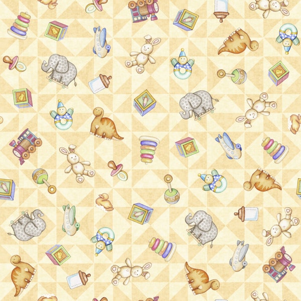 Lullaby Tossed Toys Buttercup Fabric by Dan Morris for Quilting Treasures Fabrics - One Yard