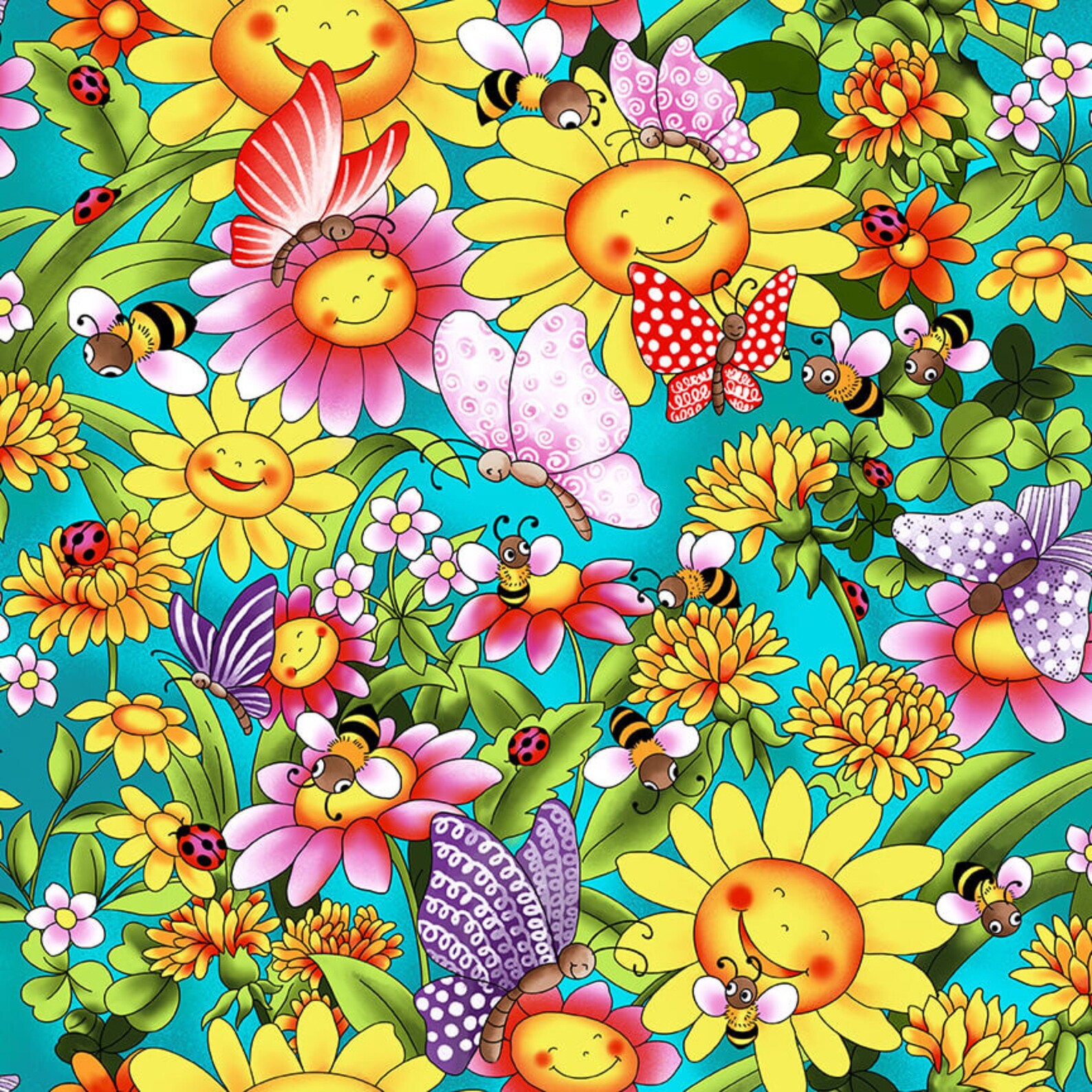 Pixie Patch Sunflowers with Butterflies Turquoise Fabric by Etsy