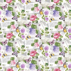 Tessuto grigio chiaro "Scented Garden Tossed Postcard" di Northcott Fabrics - Un metro