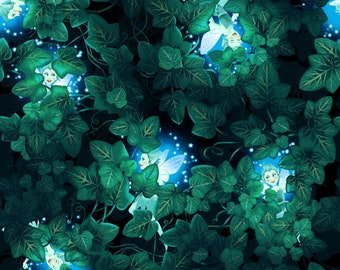 Summer Night Soiree Ivy Leaves & Peeking Fairies Black Fabric by Henry Glass Fabrics - One Yard