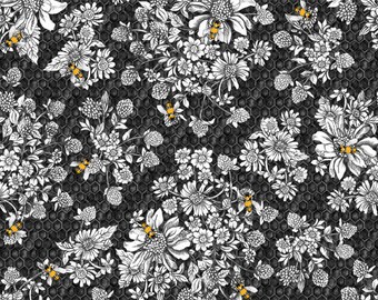 Bee Fabric: Blank Quilting Show Me the Honey Floral Charcoal Sewing Quilting 100% Cotton Crafting Fabric Continuous Cut, Select the Length