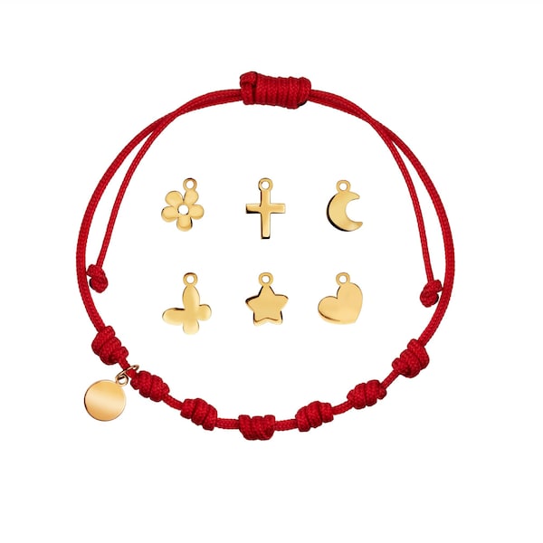 Pulsera siete nudos de cordón rojo con charm de oro de 9 kilates