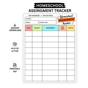 Puede incluir: Un documento imprimible de seguimiento de tareas escolares en casa con una cuadrícula que incluye columnas para fecha, materia, tarea, fecha de entrega y estado. El encabezado contiene campos para estudiante, grado y año escolar con el texto.