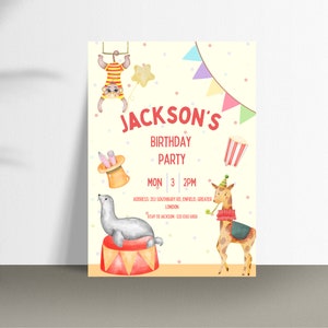 Faire-part d'anniversaire pour enfants sur le thème du cirque : téléchargement numérique, invitation électronique, modèle imprimable, carte d'anniversaire personnalisée