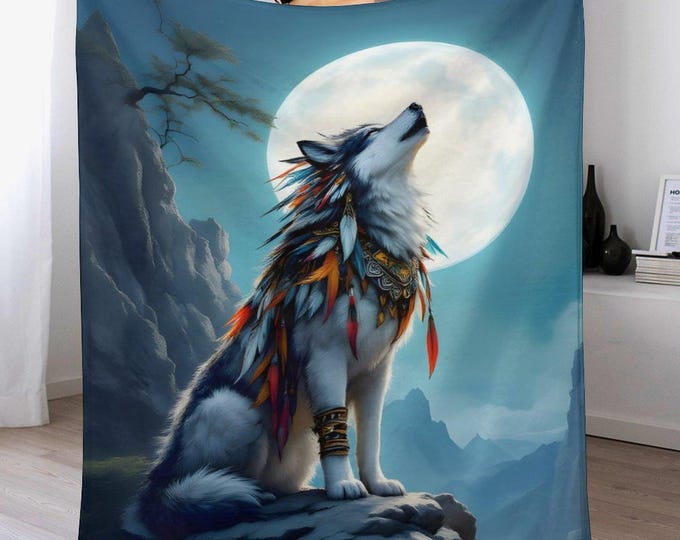 Native Wolf Flannel Blanket, Soft Cozy Throw Blanket, 330gsm Anti-Pill Warm Lightweight Blanket, American Wolf Blanket, Indigenous Blanket