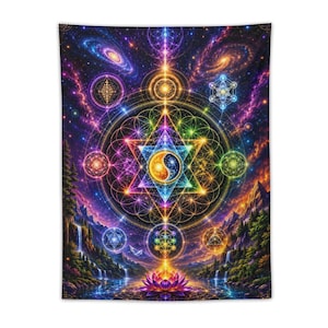 Kosmische heilige geometrie Merkaba wandtapijt te koop bij Swaggy Shirts op Etsy, spirituele chakra muurdecoratie, boho yoga meditatie woondecoratie