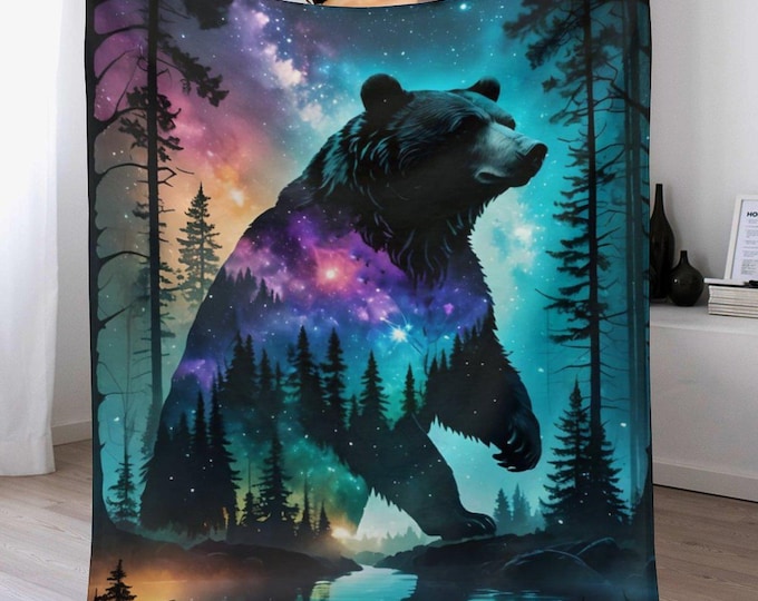 Cosmic Bear Flannel Blanket, Soft Warm Anti-Pill Throw, Lightweight Cozy Bed Couch Travel Blanket, Bear Lovers Blanket