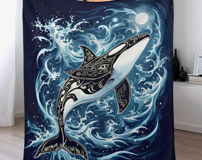 Killer Whale Flannel Blanket, Soft Anti-Pill Throw, Cozy Whale Print Blanket, Lightweight Warm Couch Throw, Orca Blanket, Winter Bed Gifts