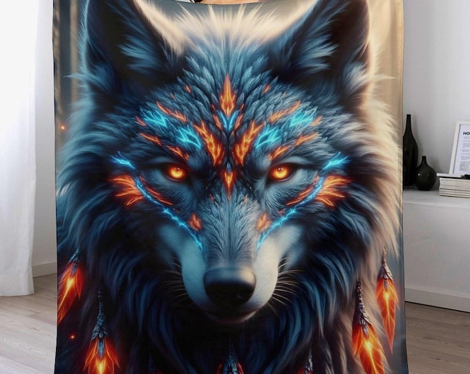 Thunderwolf Spirit Flannel Blanket, Native Wolf Spirit Throw, Cozy Warm Anti-Pill Blanket, Sublimation Wolf Art Blanket, Animal Lover Gifts