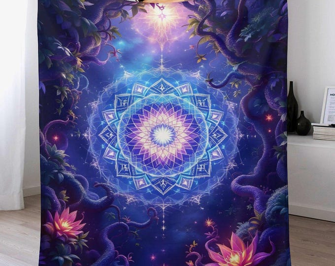 Visionary Sacred Geometry Flannel Blanket, Flower of Life Throw,  Warm Winter Bed Couch Blanket, Spiritual Decor, Cozy Soft Anti-Pill Throw