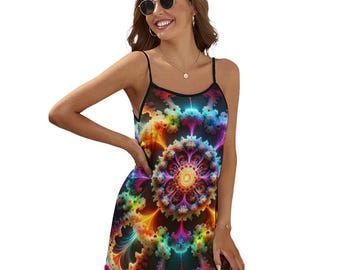 Colorful Fractal Spaghetti Strap Dress For Sale by Swaggy Shirts Online Etsy Apparel Store, Hot Summer Dress, Gift For Her, Girlfriend Gift