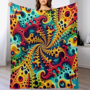 May include: A vibrant, colorful blanket with a swirling, psychedelic design. The blanket features a complex pattern of red, yellow, blue, and teal shapes. The design is reminiscent of a fractal or a close-up view of a cell structure. This blanket is a unique home decor item.
