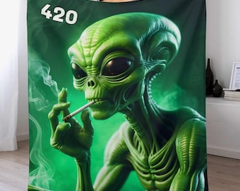 420 Smoking Alien Flannel Blanket, Cozy Anti-Pill Blanket, Soft Warm Throw, Lightweight Travel Blanket, Cannabis Gifts, Unique Bed Blanket