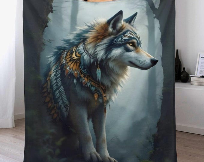 Indigenous Blanket, Native Wolf Flannel Blanket, Anti-Pill Throw Blanket, American Wolf Blanket, Soft Warm Blanket, Cozy Bed Couch Blanket