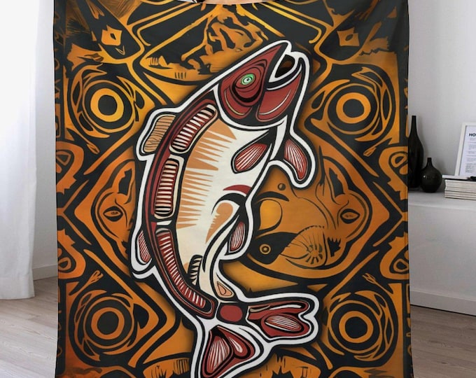 Salmon Flannel Blanket, Soft Cozy Anti-Pill Blanket, Lightweight Warm Blanket for Couch, Winter Backpacking Blanket, Fisherman Gifts Throw