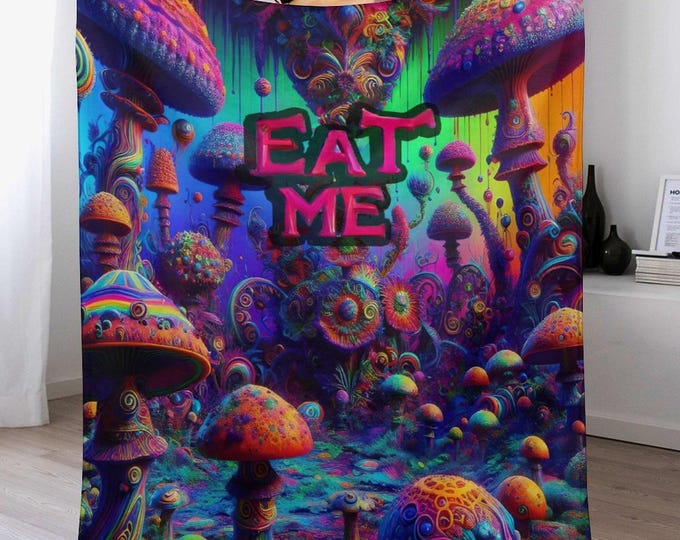 Magic Mushrooms Eat Me Flannel Blanket, Psychedelic Mushroom Throw, Trippy Cozy Blankets, Anti-Pill Soft Winter Blanket, Home Decor Gifts