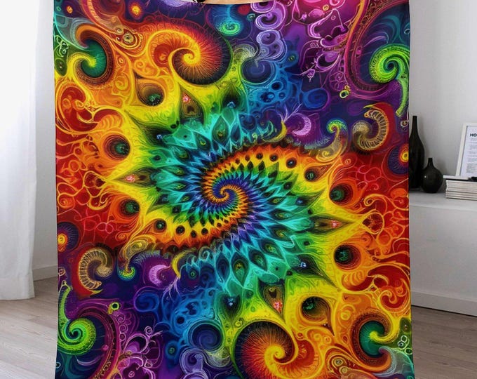 Rainbow Fractal Flannel Blanket, Soft Cozy Throw, Warm Anti-Pill Blanket, Lightweight Couch Blanket, Travel & Home Blanket, Gifts for Winter