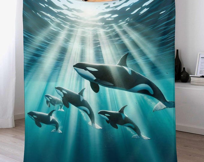 Orca Killer Whale Flannel Blanket, Soft Cozy Anti-Pill Throw, Warm Winter Bed Couch Blanket, Whale Print Blanket, Animal Lover Gifts Blanket