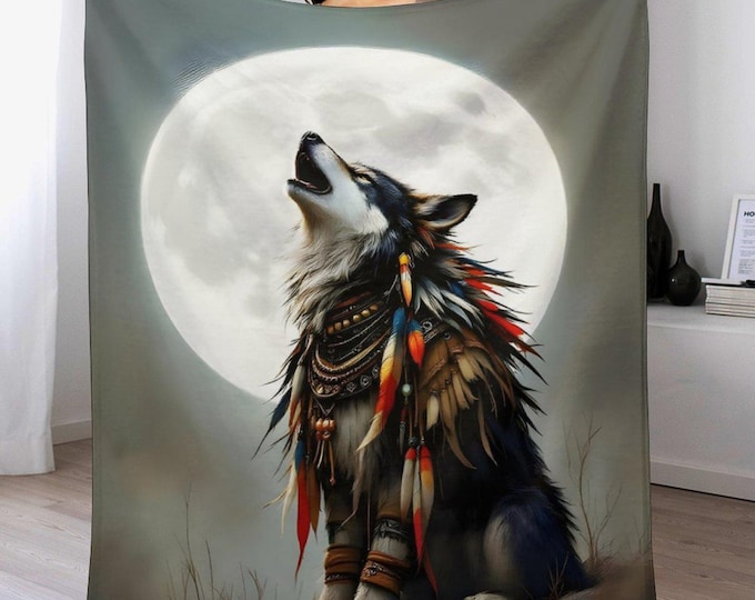 American Wolf Blanket, Native Wolf Flannel Blanket, Antipill Throw Blanket, Soft Warm Blanket, Cozy Bed Couch Throw, Indigenous Blanket Gift
