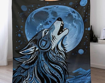 Native Wolf Flannel Blanket, Anti-Pill Throw Blanket, American Wolf Blanket, Indigenous Blanket, Soft Warm Blanket, Cozy Bed Couch Blanket