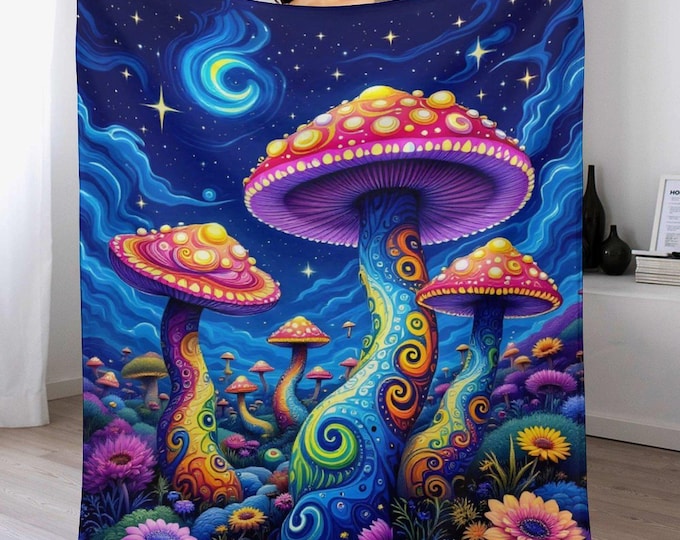 Magic Mushroom Flannel Blanket, Soft Cozy Winter Blanket, Mushroom Lover Throw, Warm Antipill Blanket, Bedroom Couch Blanket, Gift for Adult