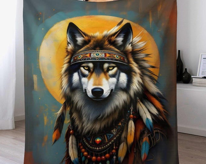 Native Spirit Wolf Flannel Blanket, Soft Cozy Antipill Throw, Warm Winter Blanket, Lightweight Travel Blanket, Wolf Decor, Animal Lover Gift
