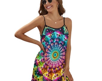 Women's Fractal Dress, Trippy Dress, Spaghetti Strap Dress for Sale by Swaggy Shirts on Etsy, Mandelbrot Dress, Festival Dress, Summer Dress