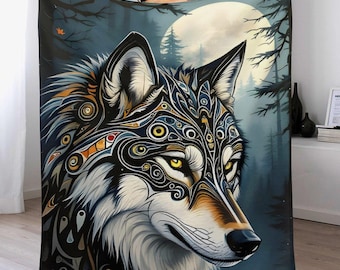 Native Spirit Wolf Flannel Blanket, Warm Anti-Pill Blanket, Cozy Lightweight Blanket for Bedroom, American Wolf Blankets, Indigenous Throw