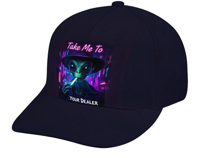 Take Me to Your Dealer Hat, Funny Alien Cannabis Caps, Adjustable Polyester Bent Fitted Cap, Custom Baseball Hat, Psychedelic Marijuana Cap