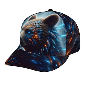May include: A baseball cap with a detailed illustration of a bear's head. The bear's fur is depicted with shades of brown, orange, and blue, with glowing blue eyes. The cap has a curved peak and a black button on top.
