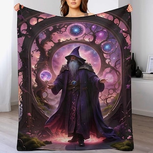 May include: A large, rectangular blanket featuring a wizard in a purple robe with a long white beard, set against a cosmic background with swirling purples, pinks, and blues. The wizard is holding a glowing orb. The blanket has a fantasy theme.